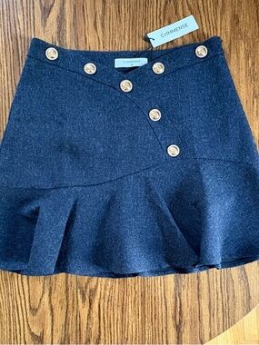 Commense Navy Mini Skirt with Gold Buttons and Ruffle Hem